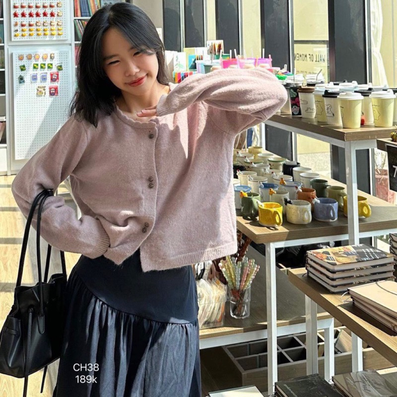 CH38 Áo Khoác Len Cardigan Khuy Hoa Hồng BOCONGANH