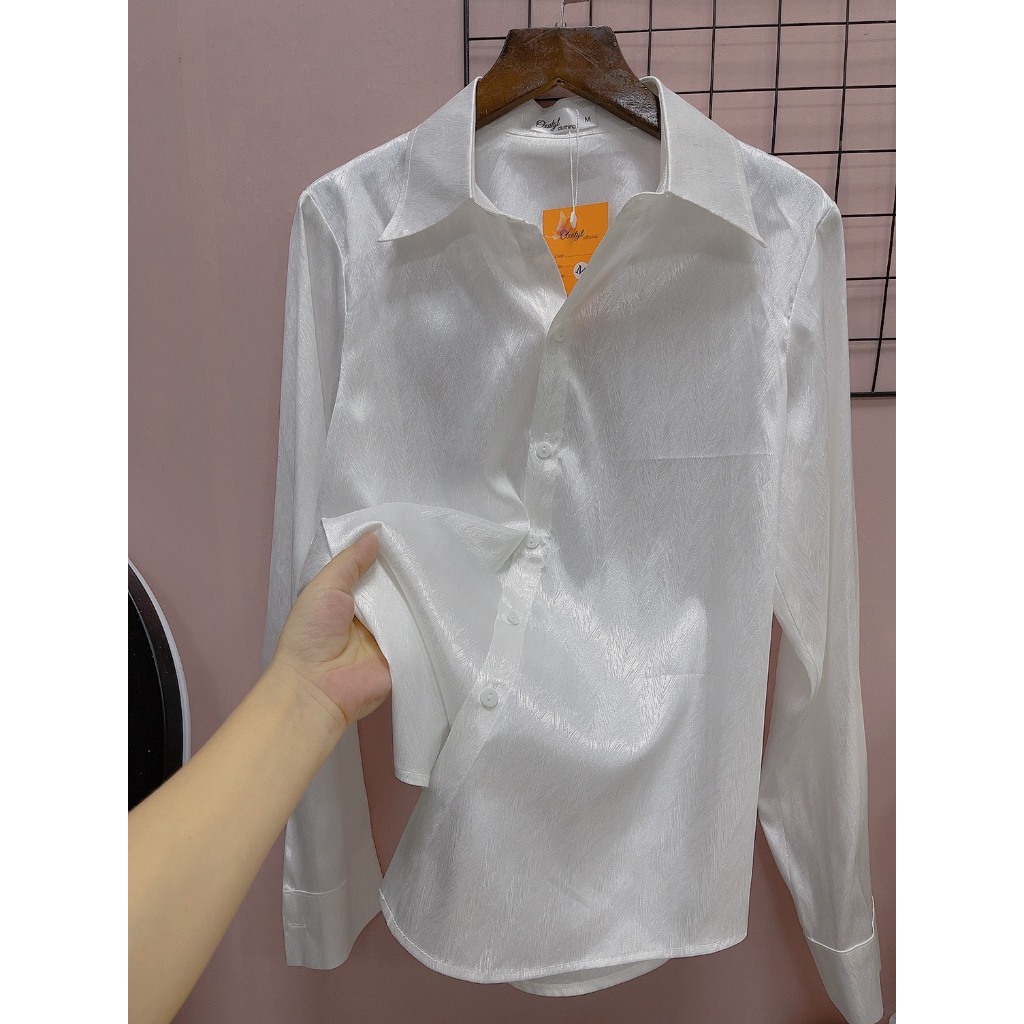 Áo sơ mi lụa kẻ sọc tay dài màu trắng không nhăn hàng cao cấp A71