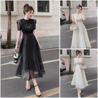  Đầm maxi dự tiệc voan 2 lớp dáng dài xòe bồng phối ren ngực đính đá bling tiểu thư 2 tone màu sang chảnh thanh lịch 