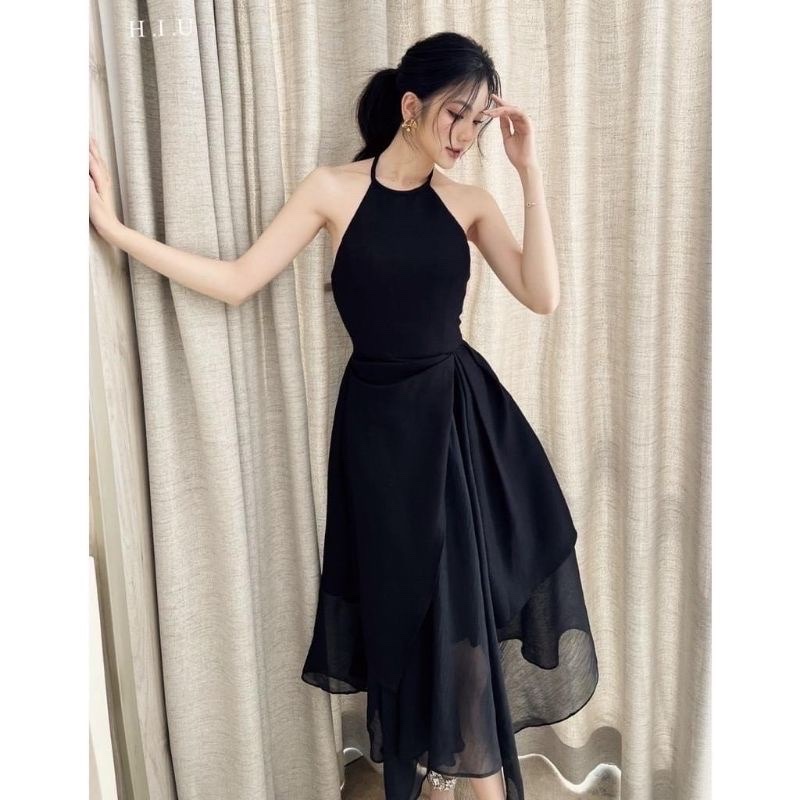 Đầm maxi dáng dài xòe cổ yếm xòe tầng bồng tone màu đen vintage sang chảnh dự tiệc, dạo phố siêu hot hit