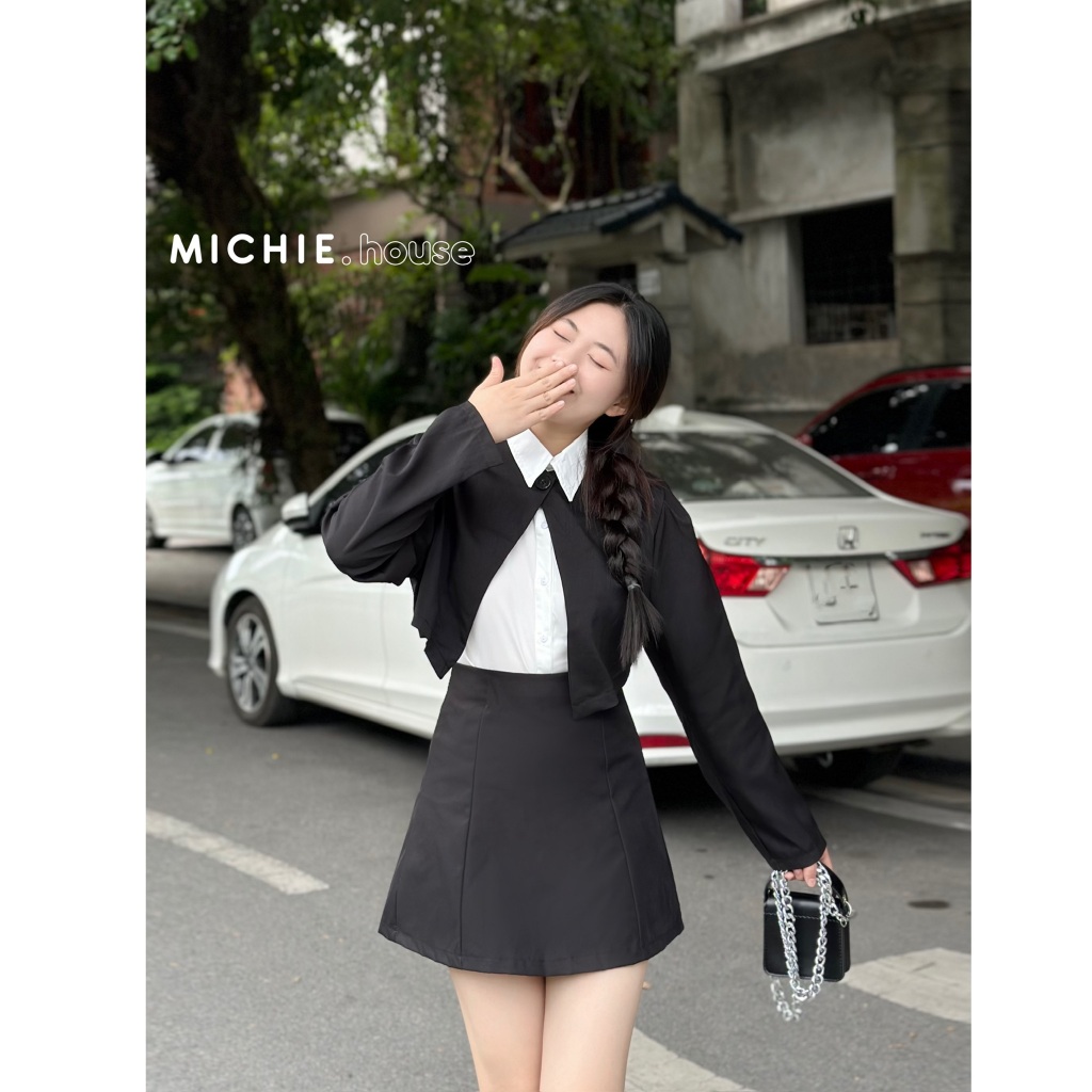 Set Áo Sơ Mi Phối Khoác Vest Xẻ Chéo Croptop michie.house Thời Trang Nữ Thu Đông - S130