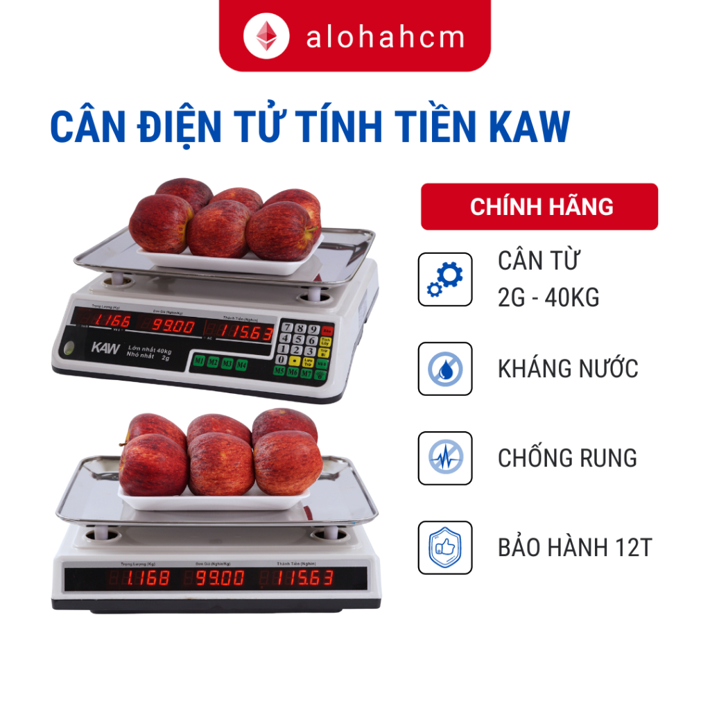 Cân điện tử tính tiền Kaw, Độ Lệch Chuẩn 2g, Tối Đa 40kg Kháng Nước, Bảo hành 1 đổi 1