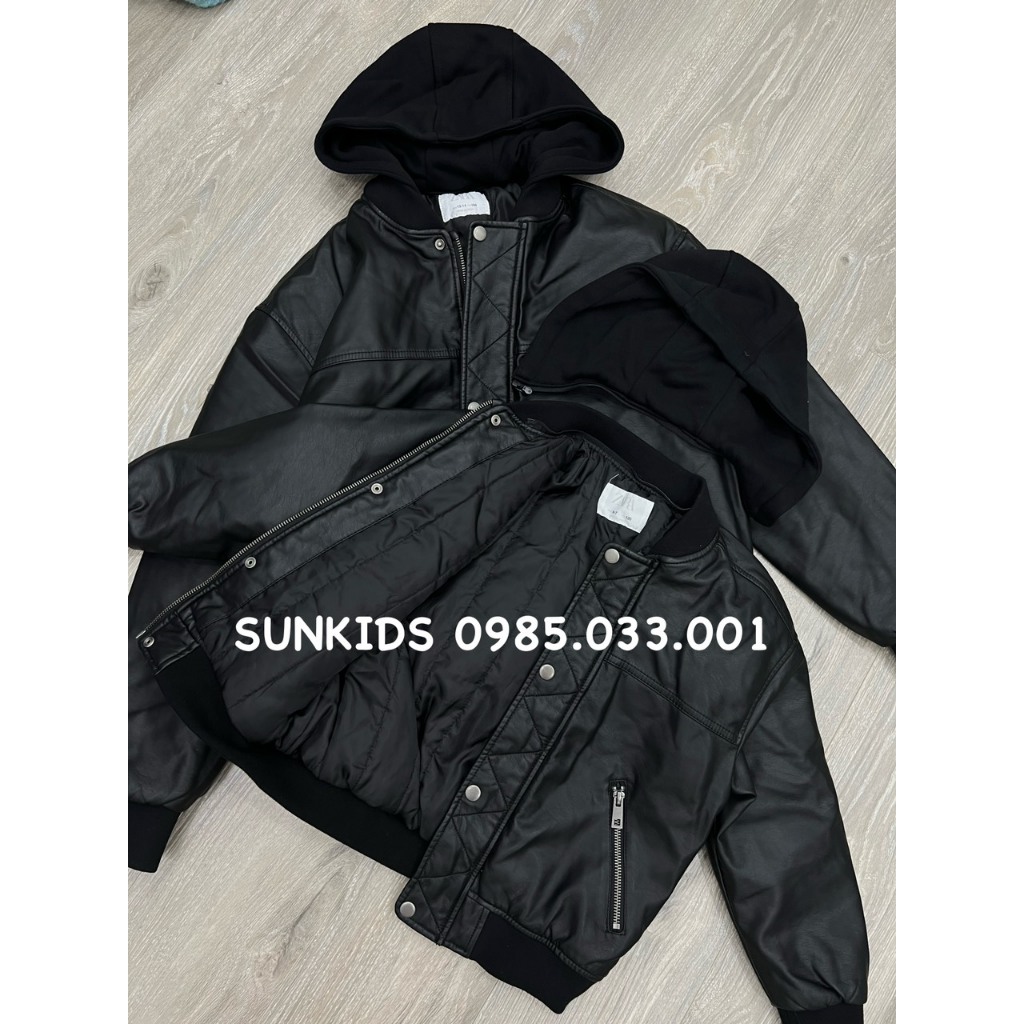 Áo khoác da đen bomber mũ tháo rời