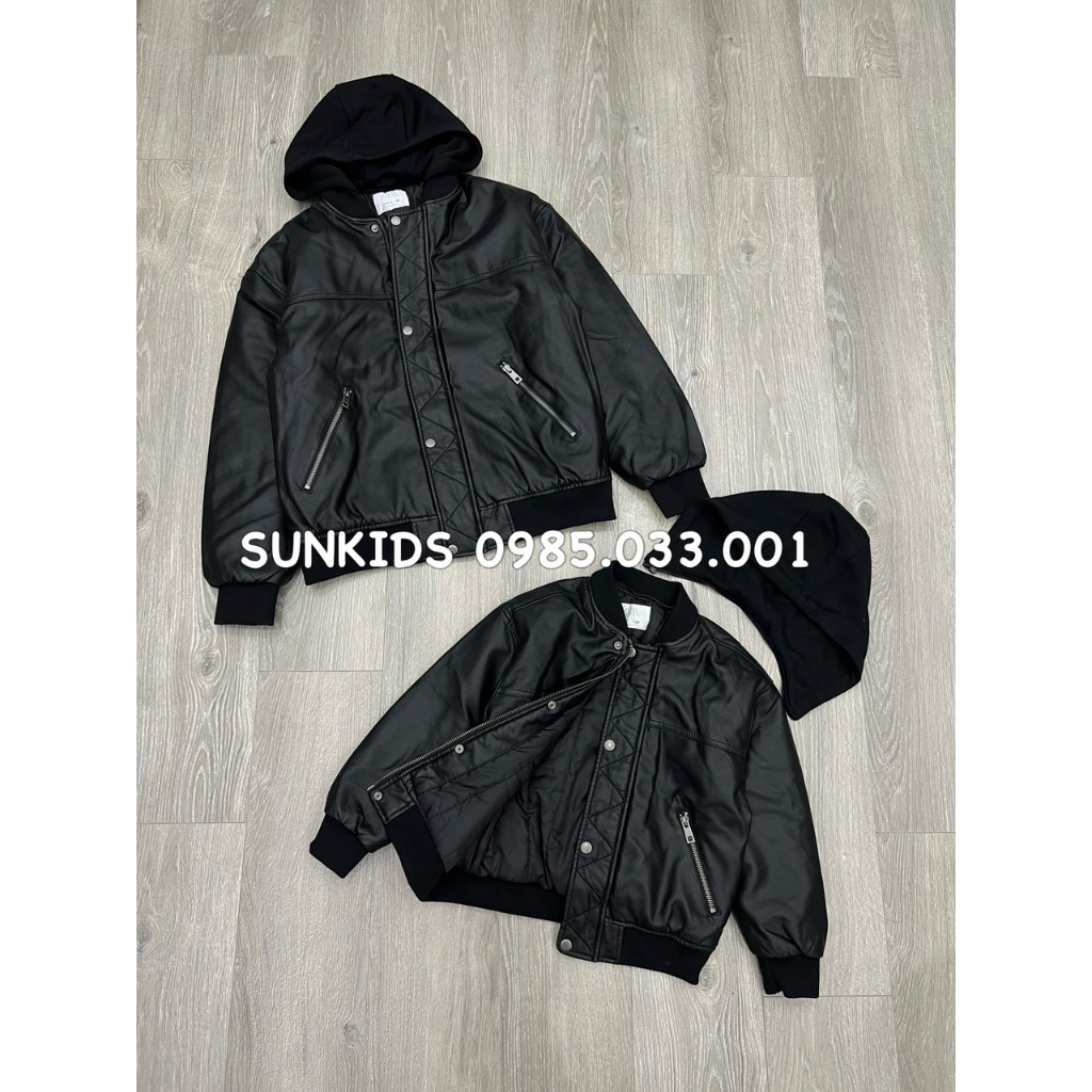 Áo khoác da đen bomber mũ tháo rời