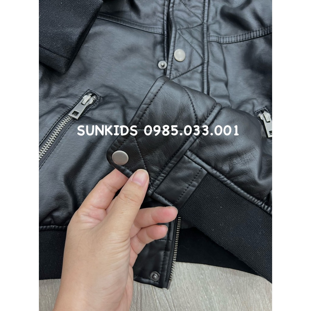 Áo khoác da đen bomber mũ tháo rời