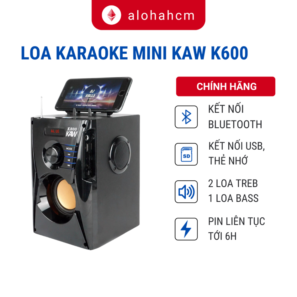 Loa bluetooth mini Kaw-K600 - Hàng Chính Hãng, Hỗ Trợ Bluetooth 5.0, Pin 3600mAh, Tần Số 40Hz-20KHz