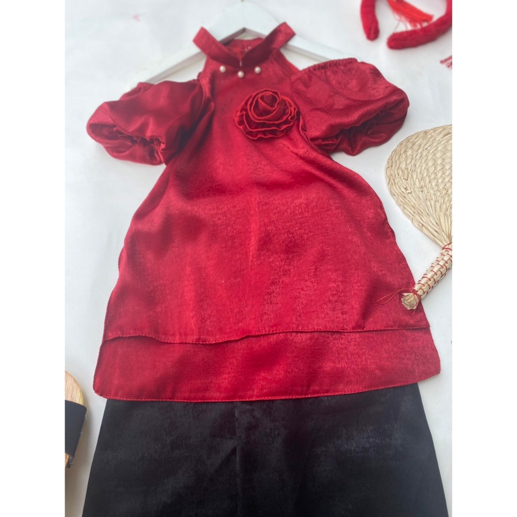 Áo dài yếm tay phồng vải lụa tây thi đẹp nhất đi chơi Tết 2024 cho bé 8-24kg