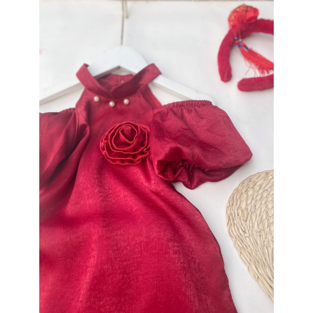 Áo dài yếm tay phồng vải lụa tây thi đẹp nhất đi chơi Tết 2024 cho bé 8-24kg