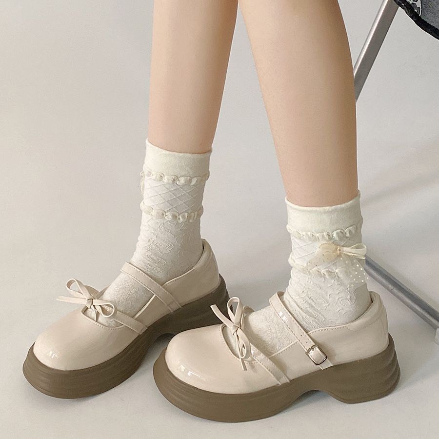 Giày nữ Lolita quai cài phối nơ dây FAROSA - V5 giày búp bê nữ đế 5 phân da bóng cực hót trend