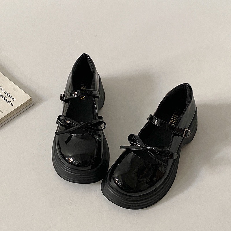 Giày nữ Lolita quai cài phối nơ dây FAROSA - V5 giày búp bê nữ đế 5 phân da bóng cực hót trend
