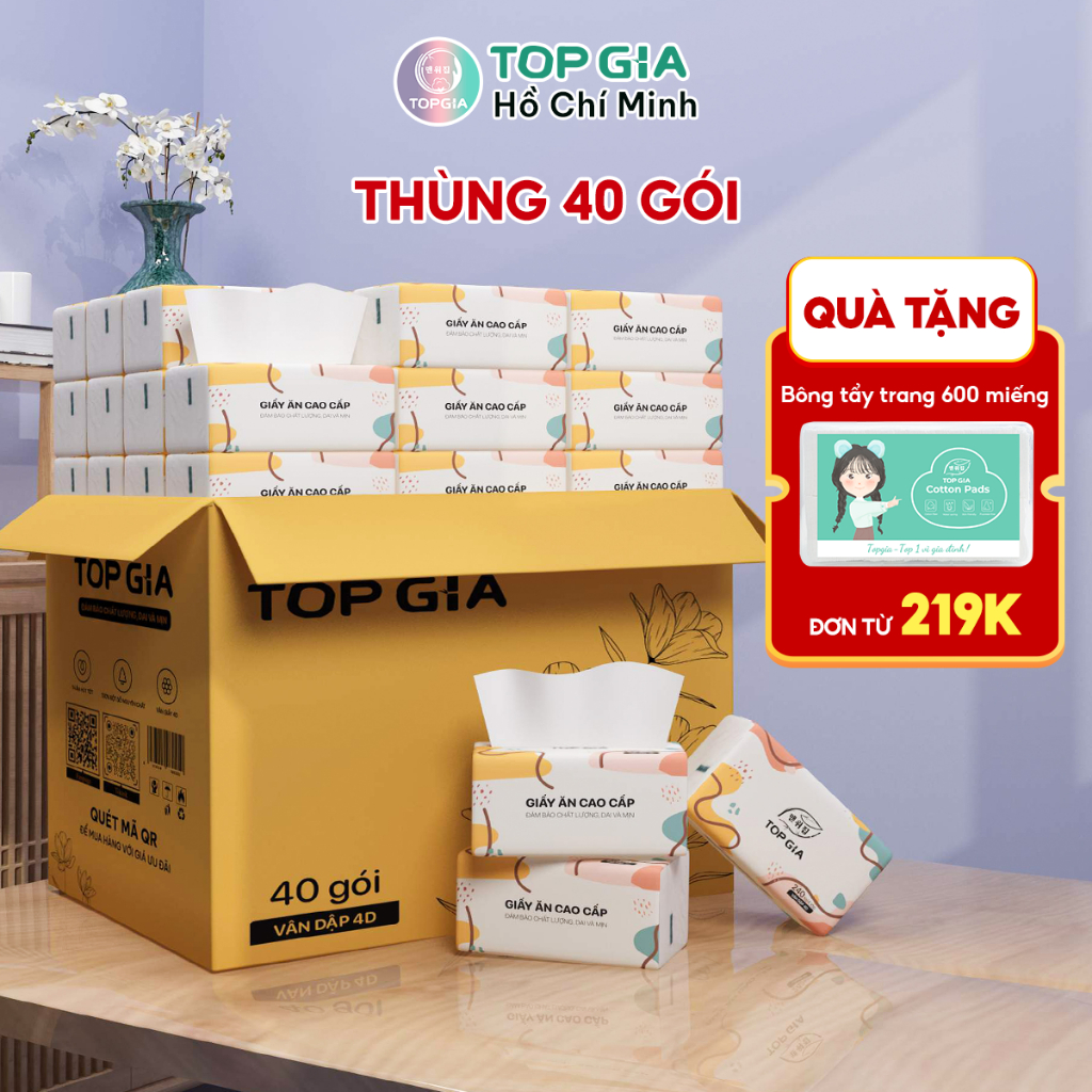 Giấy ăn rút Topgia thùng 40 gói, khăn giấy đa sắc cao cấp 240 tờ 4 lớp, dập vân 4D, mềm mịn, thấm hút tốt