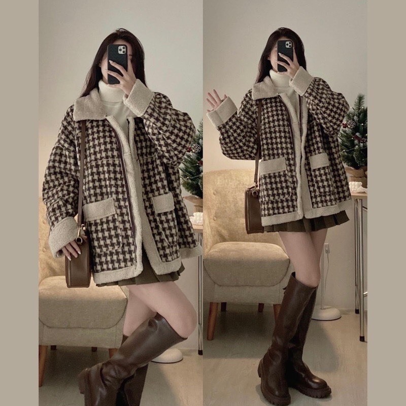 Áo khoác Nữ, Áo Khoác Chất Dạ Lông Cừu Họa Tiết Kẻ Sọc Caro Hàng QCCC