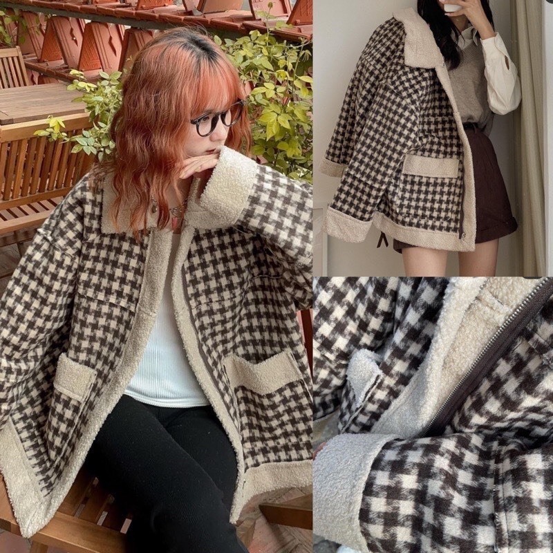 Áo khoác Nữ, Áo Khoác Chất Dạ Lông Cừu Họa Tiết Kẻ Sọc Caro Hàng QCCC