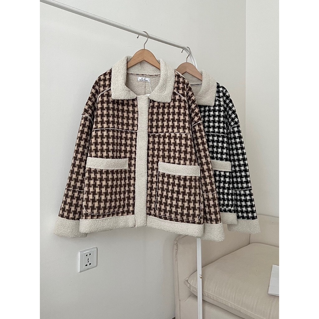 Áo khoác Nữ, Áo Khoác Chất Dạ Lông Cừu Họa Tiết Kẻ Sọc Caro Hàng QCCC