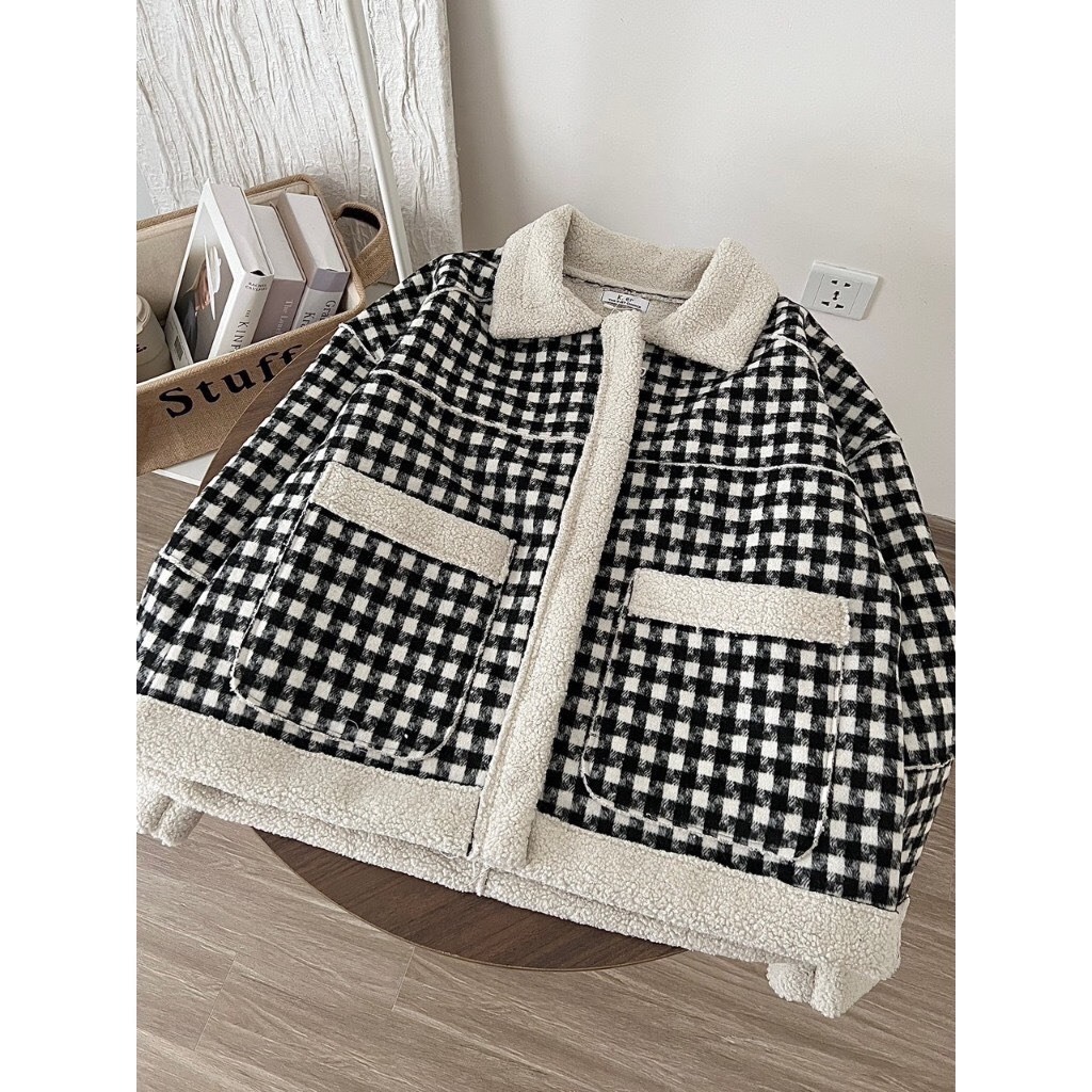 Áo khoác Nữ, Áo Khoác Chất Dạ Lông Cừu Họa Tiết Kẻ Sọc Caro Hàng QCCC