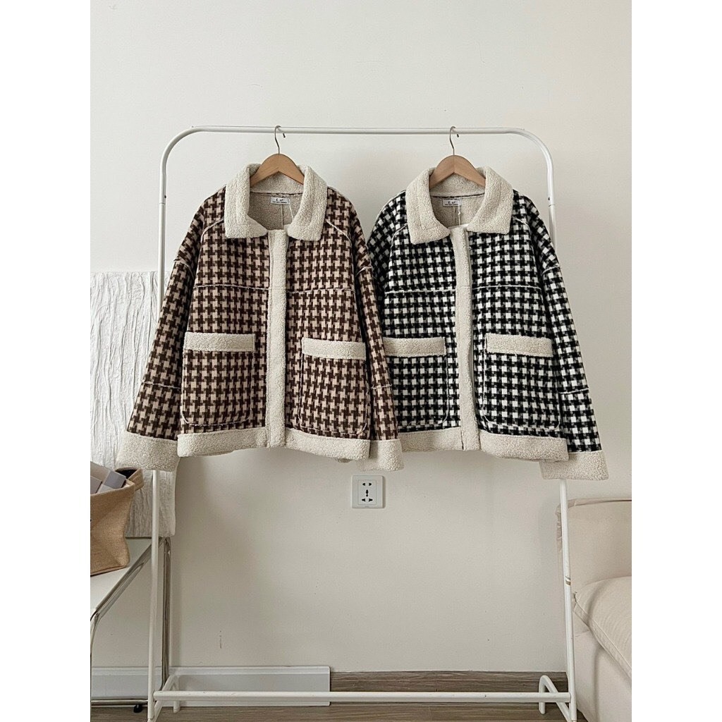 Áo khoác Nữ, Áo Khoác Chất Dạ Lông Cừu Họa Tiết Kẻ Sọc Caro Hàng QCCC