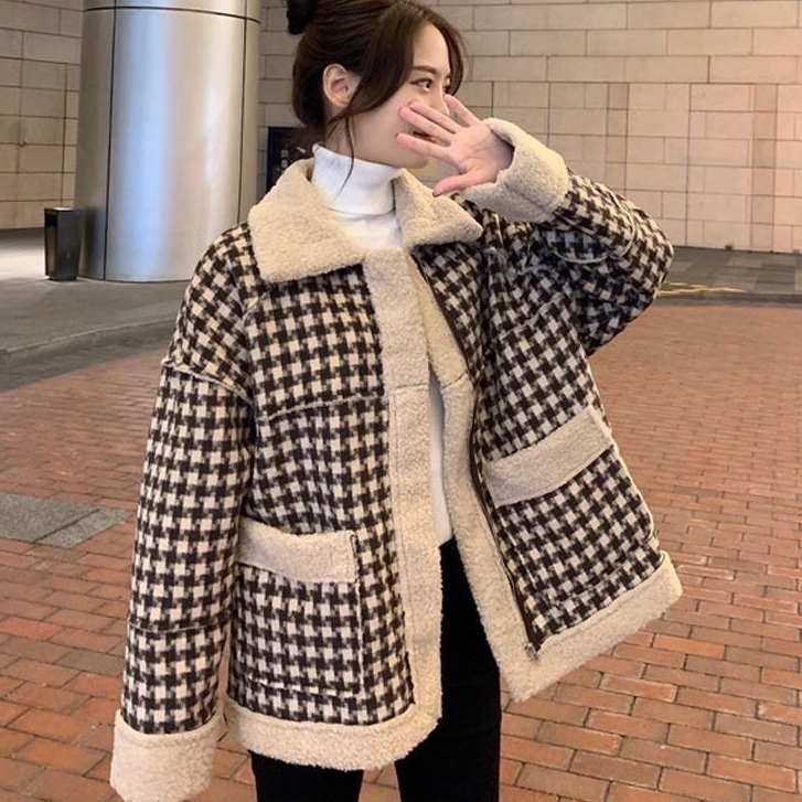 Áo khoác Nữ, Áo Khoác Chất Dạ Lông Cừu Họa Tiết Kẻ Sọc Caro Hàng QCCC