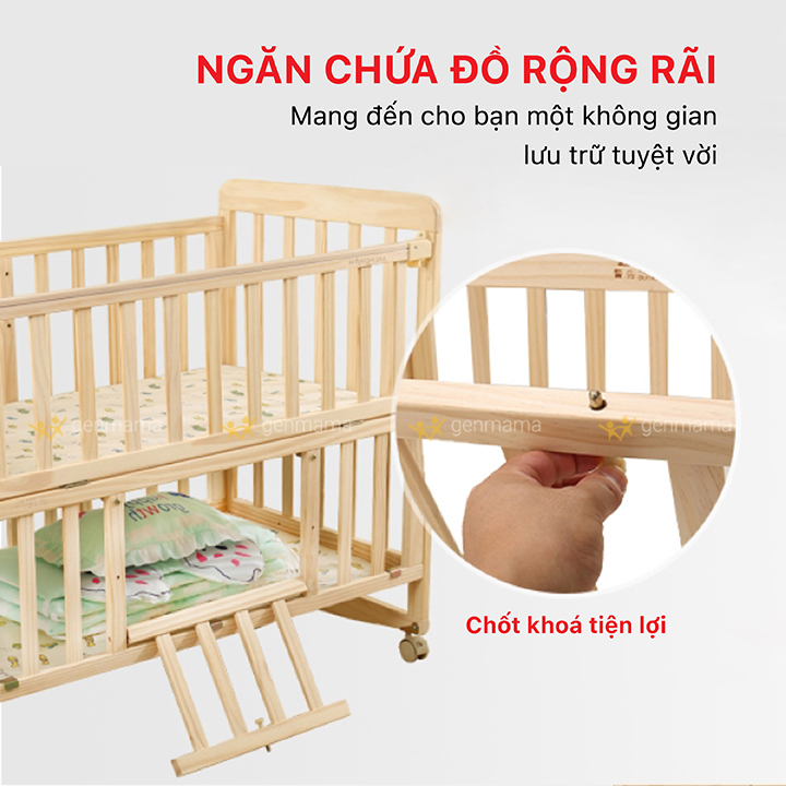 Cũi nôi gỗ trẻ em 2 tầng đa năng GENMAMA , nôi cũi cho bé thông minh 6 chế độ  có bánh xe