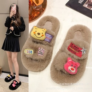 Dép quai ngang nữ 3TDEP, dép lông gấu dâu bản cao cấp Full Box, cute thời trang mùa thu đông