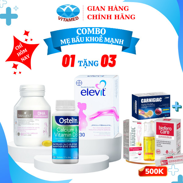 [ Tặng Kaduzol + Canxi 30V + Sắt 14 Gói Combo Mẹ Bầu Khỏe Elevit 30 Viên + Bio Island 60 viên + Ostelin 130 Viên