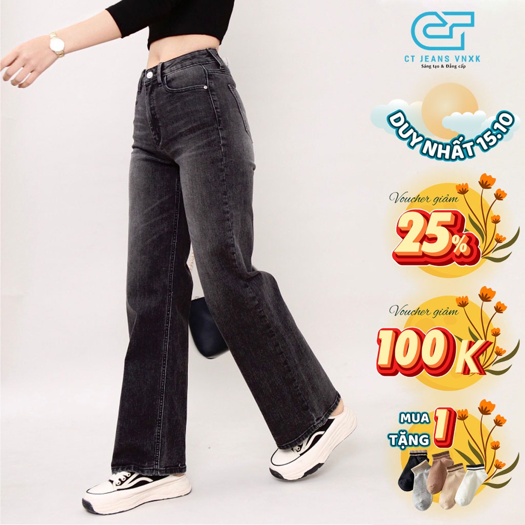 Quần jean ống rộng nữ basic lưng cao dáng dài quá gót chất liệu co giãn CP27, CT JEANS