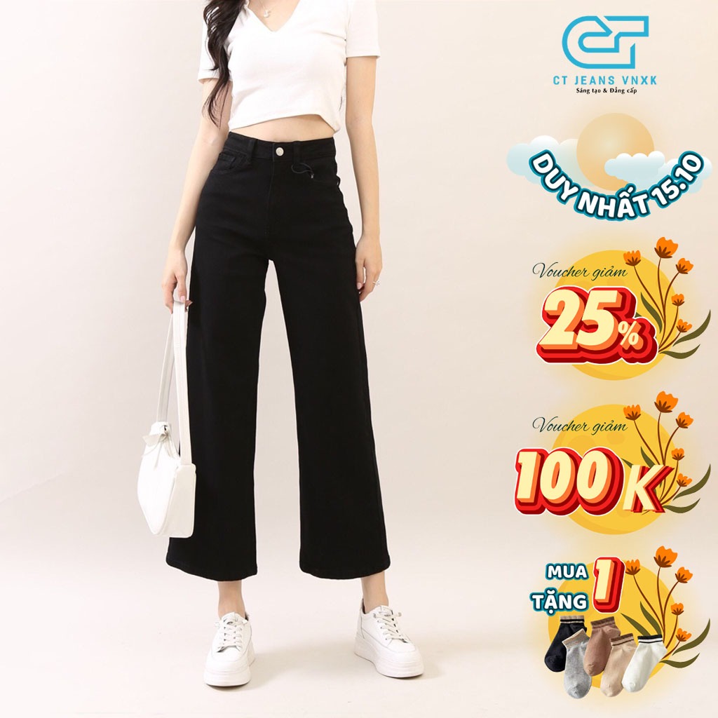 Quần jean ống rộng lưng cao phong cách basic 3 màu xanh đen trắng tùy chọn CP49, CT JEANS