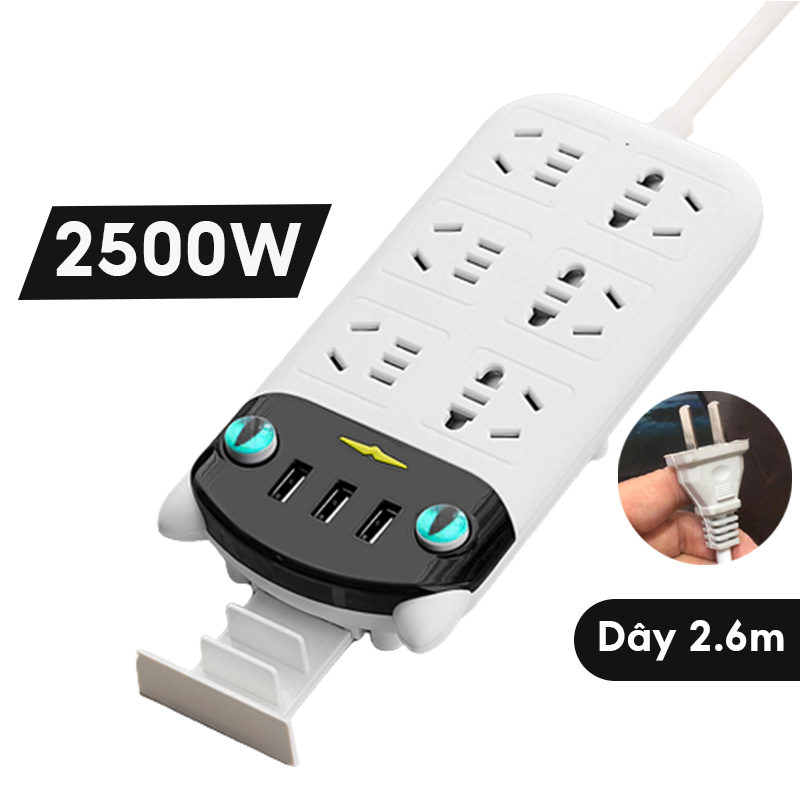Ổ Cắm Điện Đa Năng Thông Minh 2500W, Chống Giật, 6 Lỗ Cắm Và 3 Cổng Sạc USB, Phích Cắm 2 Chấu - TiMall