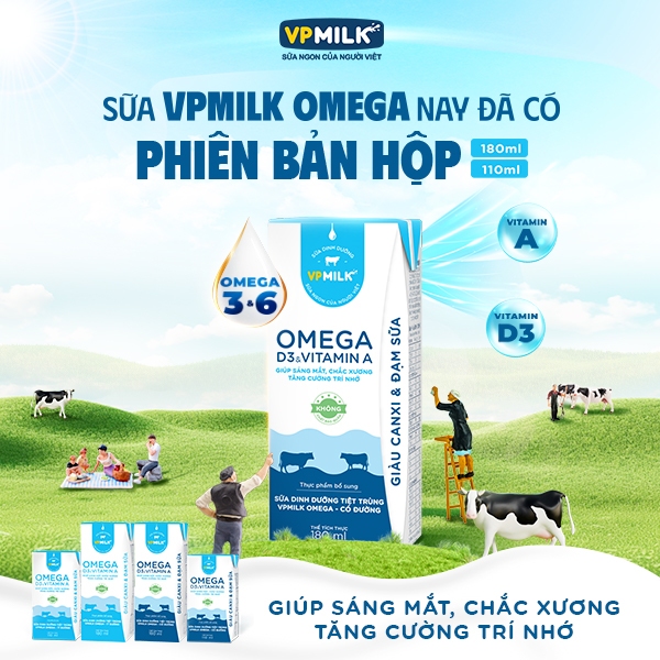 Sữa Dinh Dưỡng Tiệt Trùng VPMilk Omega Có Đường dạng hộp 180ml (thùng 48 hộp)