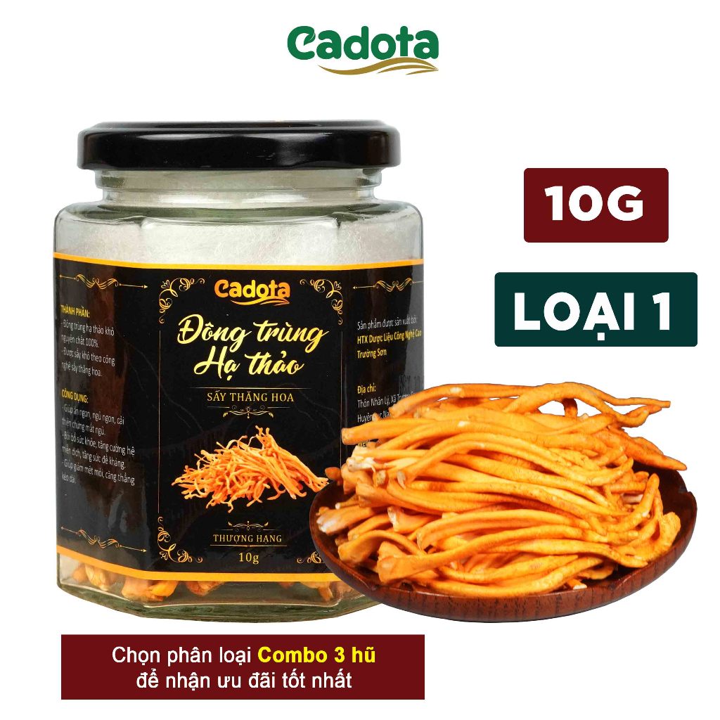 Nấm Đông Trùng Hạ Thảo Sấy Thăng Hoa CADOTA ,Hũ 10Gr Hàng loại 1, Sợi to, thơm, vàng đẹp