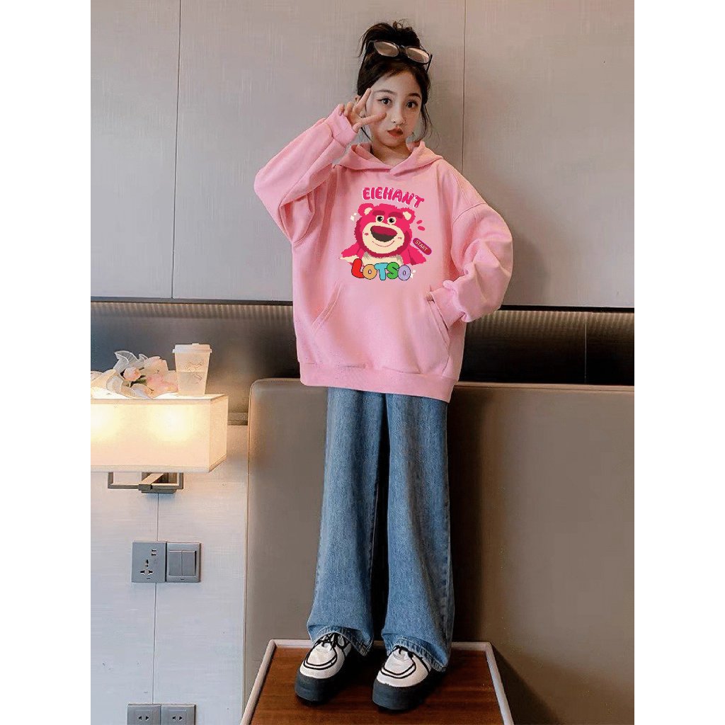 Áo hoodie bé gái phom rộng nỉ hình in GẤU LO.TSO cho bé gái từ 14-48kg