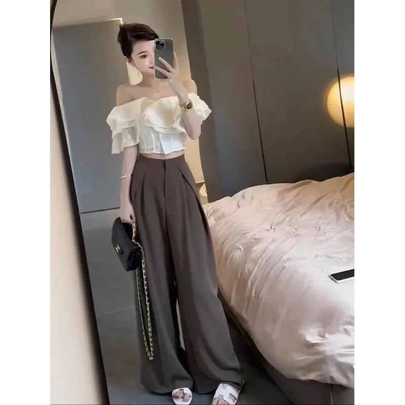 Áo Sơ Mi Crtoptop Đũi Gân Trễ Vai Bánh Bèo