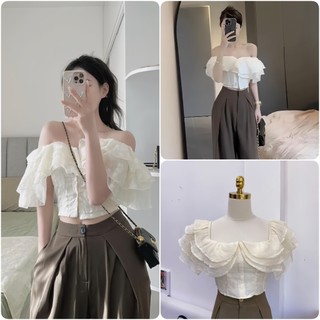 Áo sơ mi crtoptop đũi gân trễ vai bánh bèo