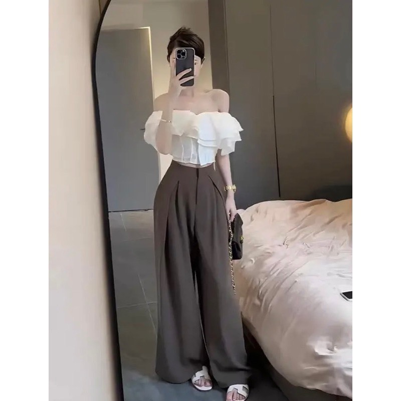 Áo Sơ Mi Crtoptop Đũi Gân Trễ Vai Bánh Bèo
