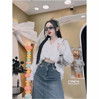 Áo sơ mi dài tay đuôi tôm nhún croptop khoét eo tôn dáng