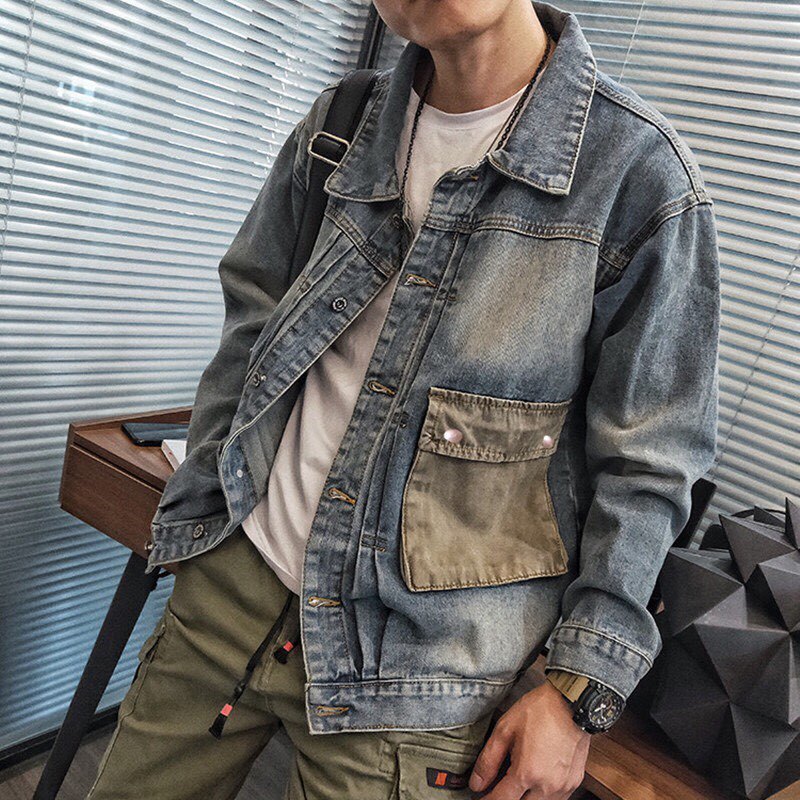 Áo khoác bò Nam hàng Quảng Châu Unisex Denim Xanh cá tính