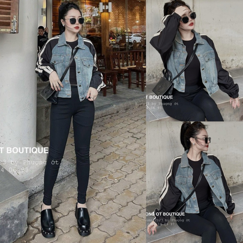 Áo Khoác Jeans Denim Pha Gió Chạy Sọc Tay Siêu Hot
