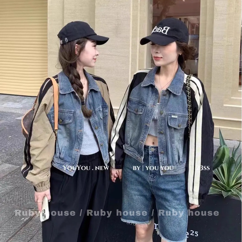 Áo Khoác Jeans Denim Pha Gió Chạy Sọc Tay Siêu Hot