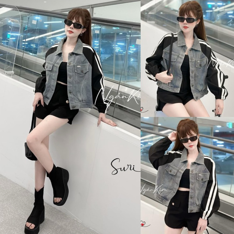 Áo Khoác Jeans Denim Pha Gió Chạy Sọc Tay Siêu Hot