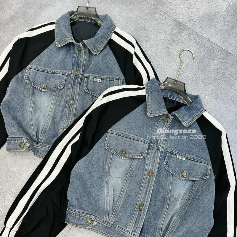 Áo Khoác Jeans Denim Pha Gió Chạy Sọc Tay Siêu Hot