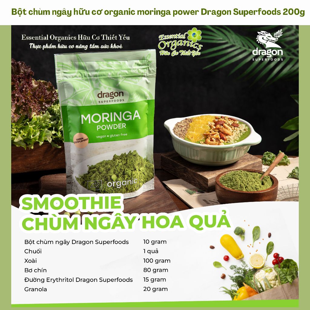 Bột chùm ngây hữu cơ organic moringa power Dragon Superfoods 200g