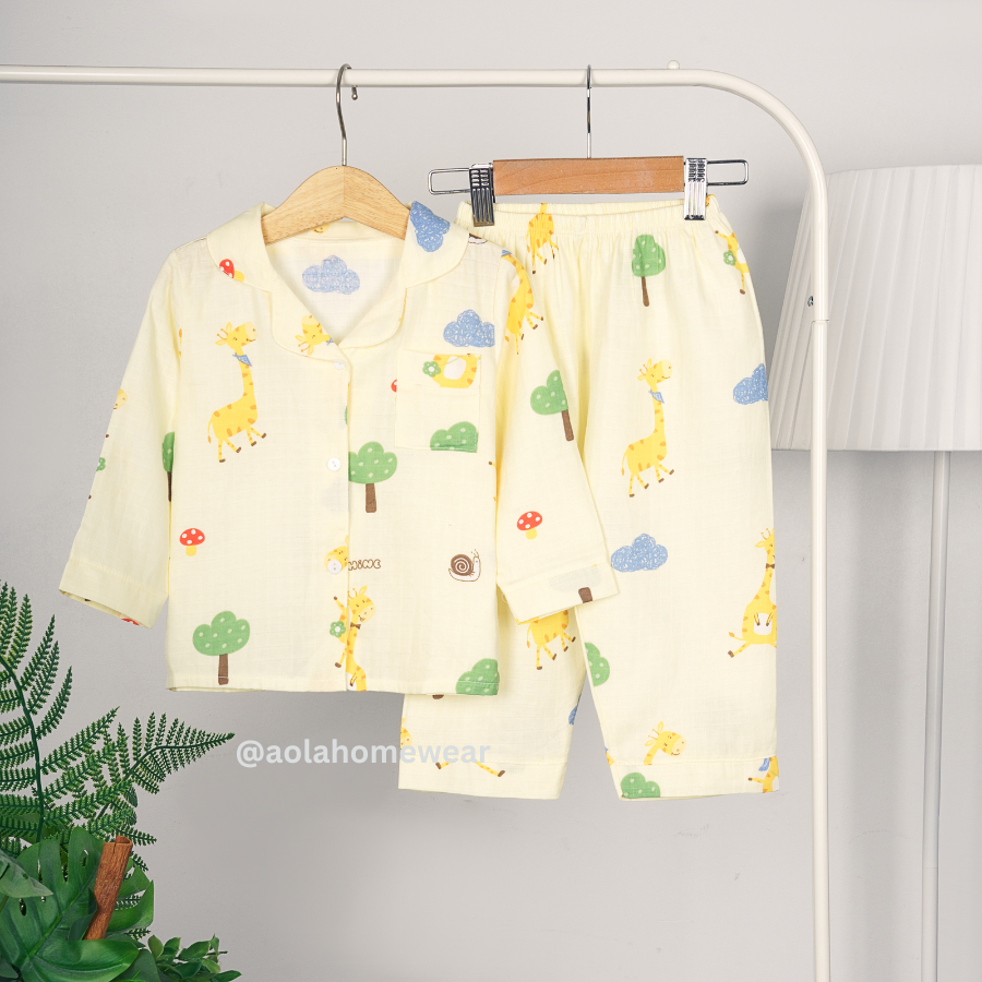 Pijama bé trai bé gái dài tay vải xô Áo Lá Homewear A014, đồ ngủ trẻ em size đại cotton nằm điều hòa bốn mùa