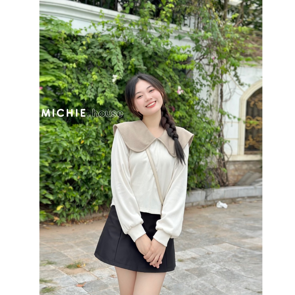 Áo Sơ Mi Dài Tay Cổ Sen Phối Màu Mặc 2 Kiểu michie.house Chất Thun Tăm Trơn Thu Đông - A345