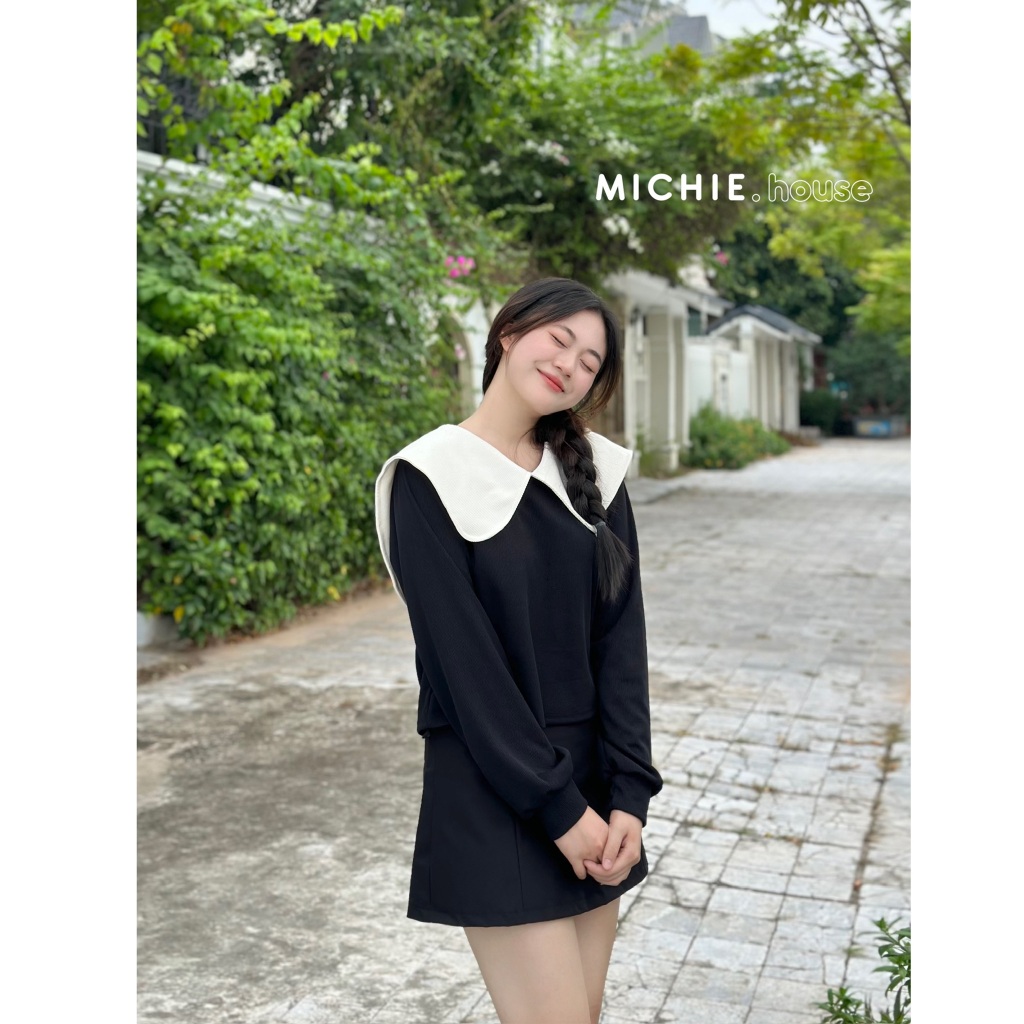 Áo Sơ Mi Dài Tay Cổ Sen Phối Màu Mặc 2 Kiểu michie.house Chất Thun Tăm Trơn Thu Đông - A345