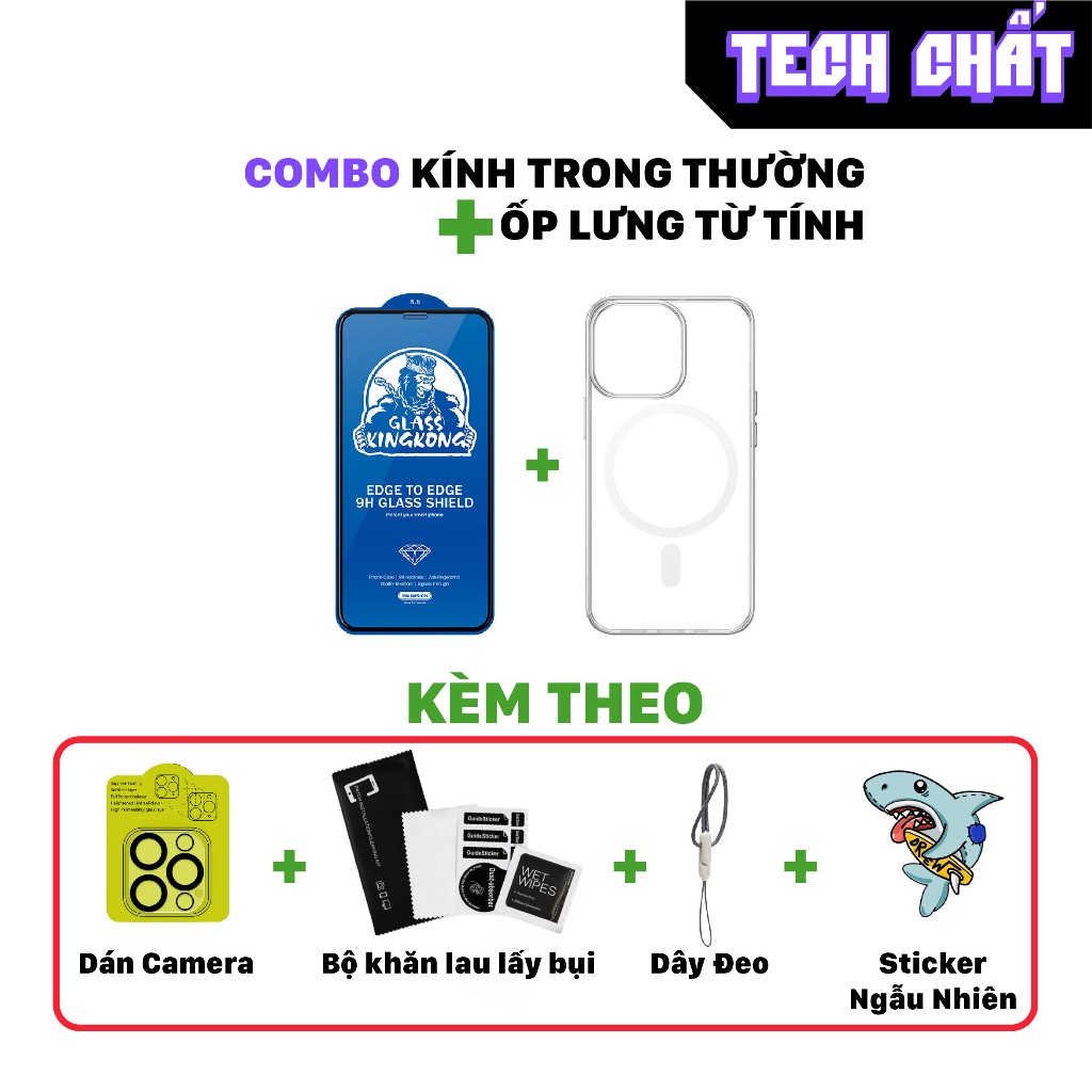 Combo kính cường lực Kingkong Wekome có khung tự lấy bụi kèm ốplưngtừtính+dán bảo vệ camera+dây đeo+sticker cho iphone