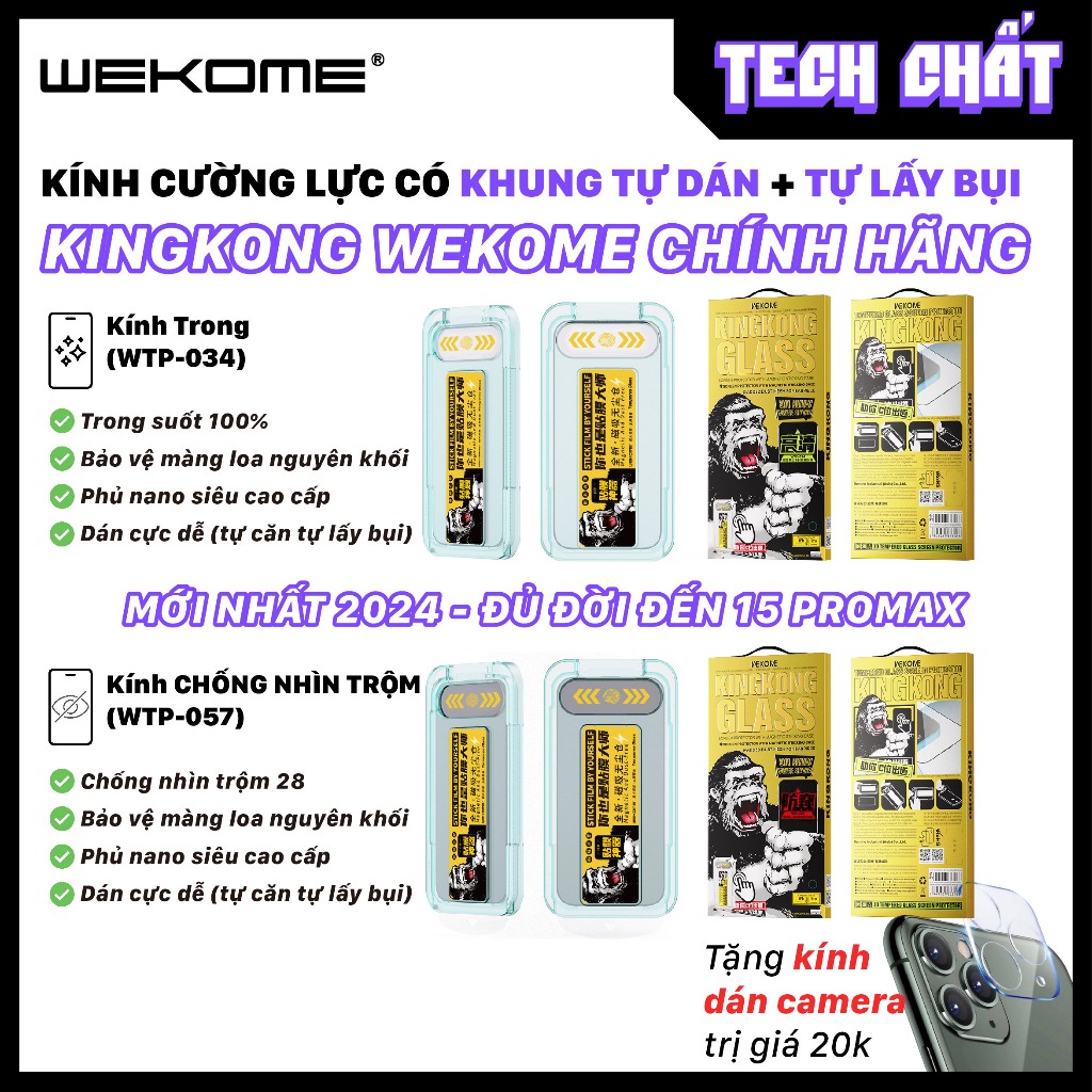 Kính cường lực KingKong khung tự dán chính hãng wekome tặng Kính Camera cho iphone x xr xs 11 12 13 14 15 plus pro max