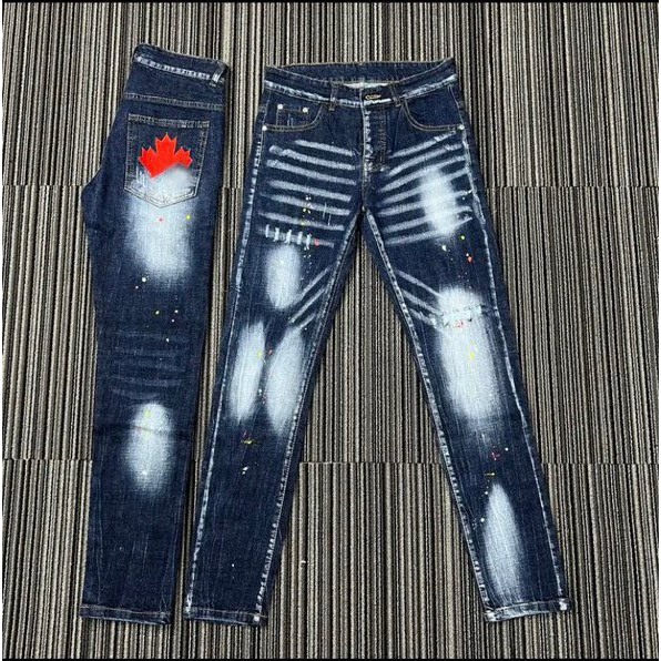 Quần bò jean nam dài xanh rách vẩy sơn thêu lá phong đỏ mẫu mới đẹp,chất jean co giãn form skinny giá tốt ĐƯỢC KIỂM