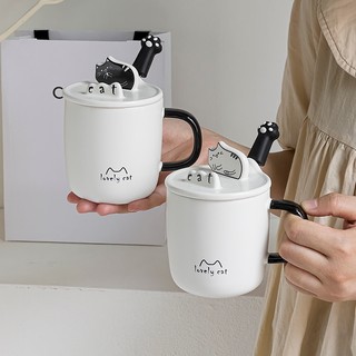 Ly Cốc sứ gốm sứ tráng men kèm nắp mèo và muỗng