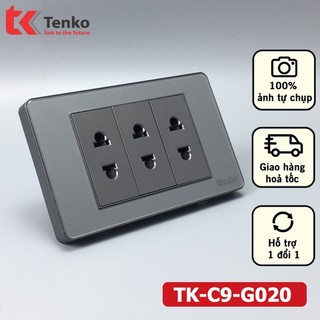 Mặt ổ cắm điện âm tường loại 3 ổ 2 chấu cao cấp - có màng nhựa che chống chọc ngoáy tenko c9-020 xám