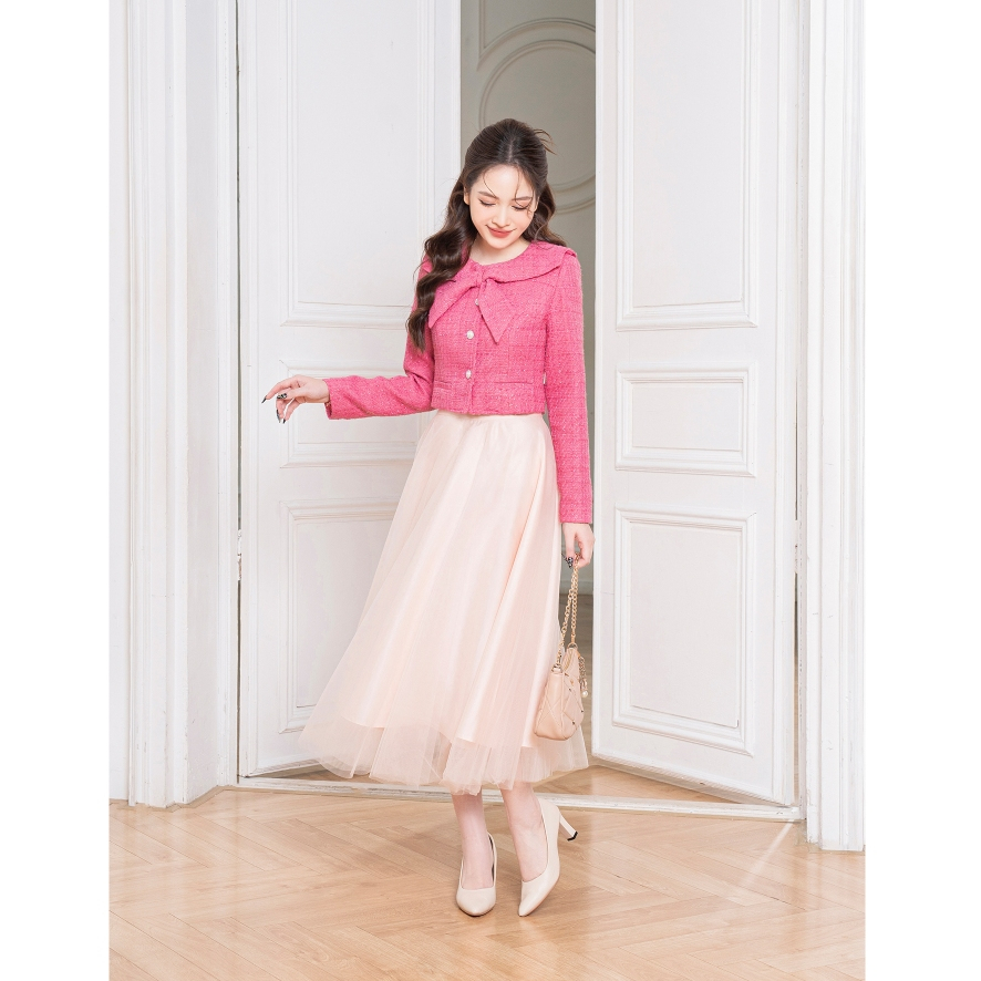 Áo dạ tweed cổ nơ cúc ngọc cao cấp Chiffon