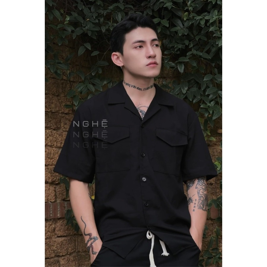 Áo đũi nam BIGSIZE  cộc tay cổ vest, 2 túi có nắp chéo